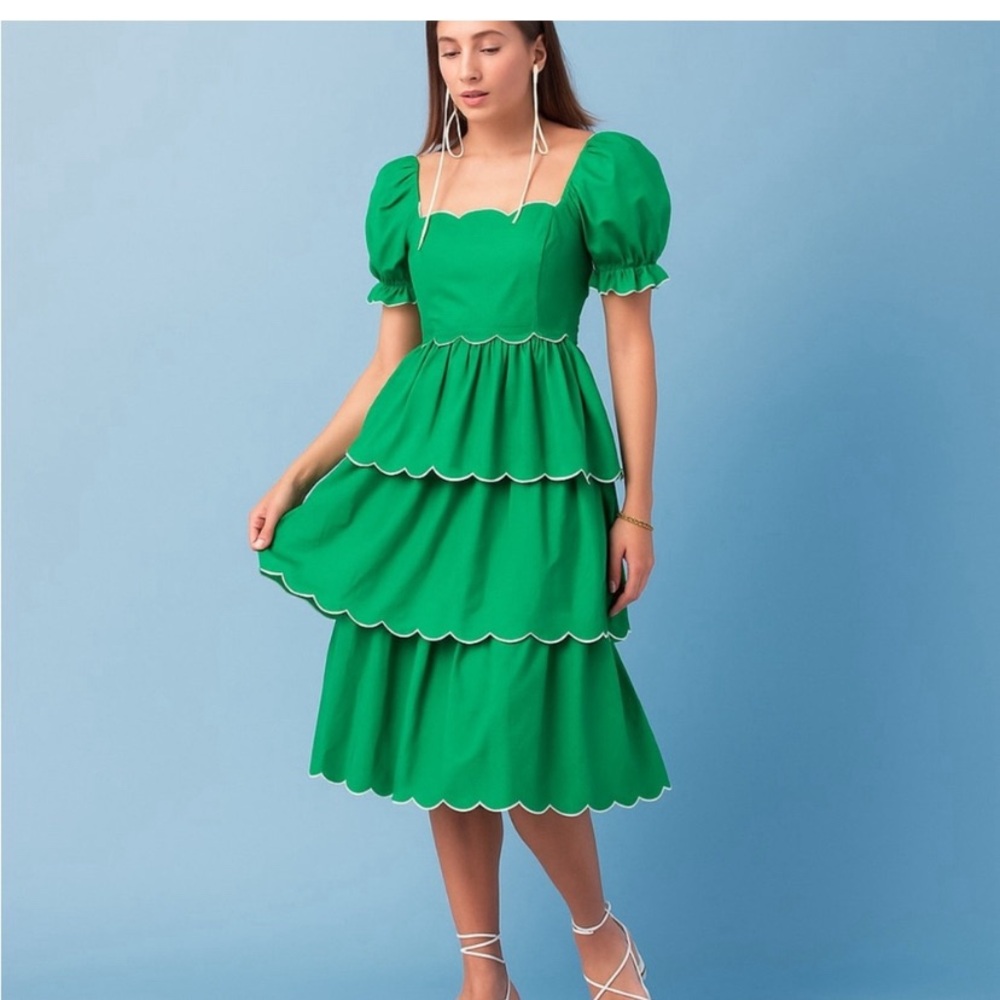 ENGLISH FACTORY Green Scallop Tiered Maxi Dress Small NWT PuffSleeve Cottagecore